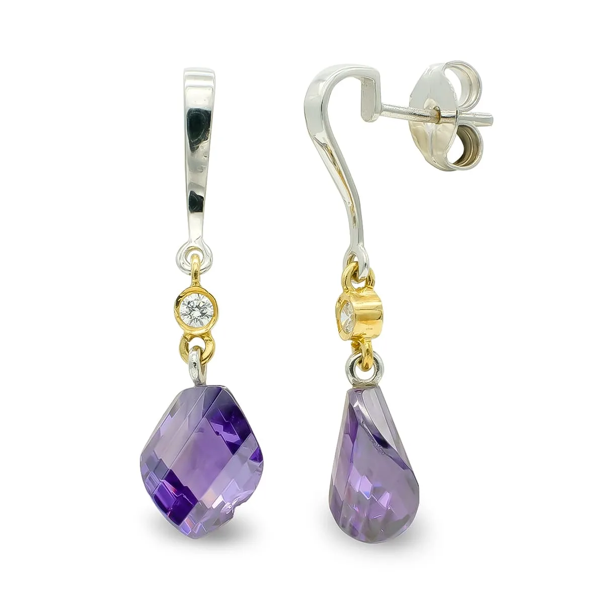 18K PENDIENTES ORO BICOLOR AMATISTA 11 MM CIRCONITA CIERRE PRESION