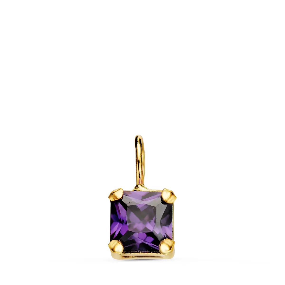 18K COLGANTE ORO AMARILLO CUADRADO CON GARRAS Y PIEDRA COLOR AMATISTA 5,5 X 5,5 MM.