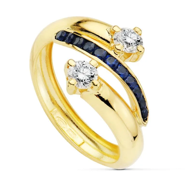 9K SORTIJA ORO AMARILLO BANDAS CON CIRCONITAS AZULES Y BLANCAS. ANCHO: 14 MM
