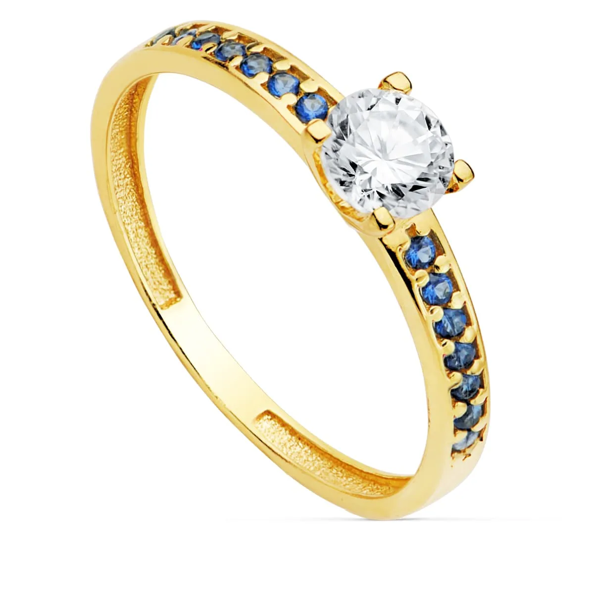 18K SOLITARIO ORO AMARILLO GARRAS CIRCONITA 5 MM Y CIRCONITA AZULES
