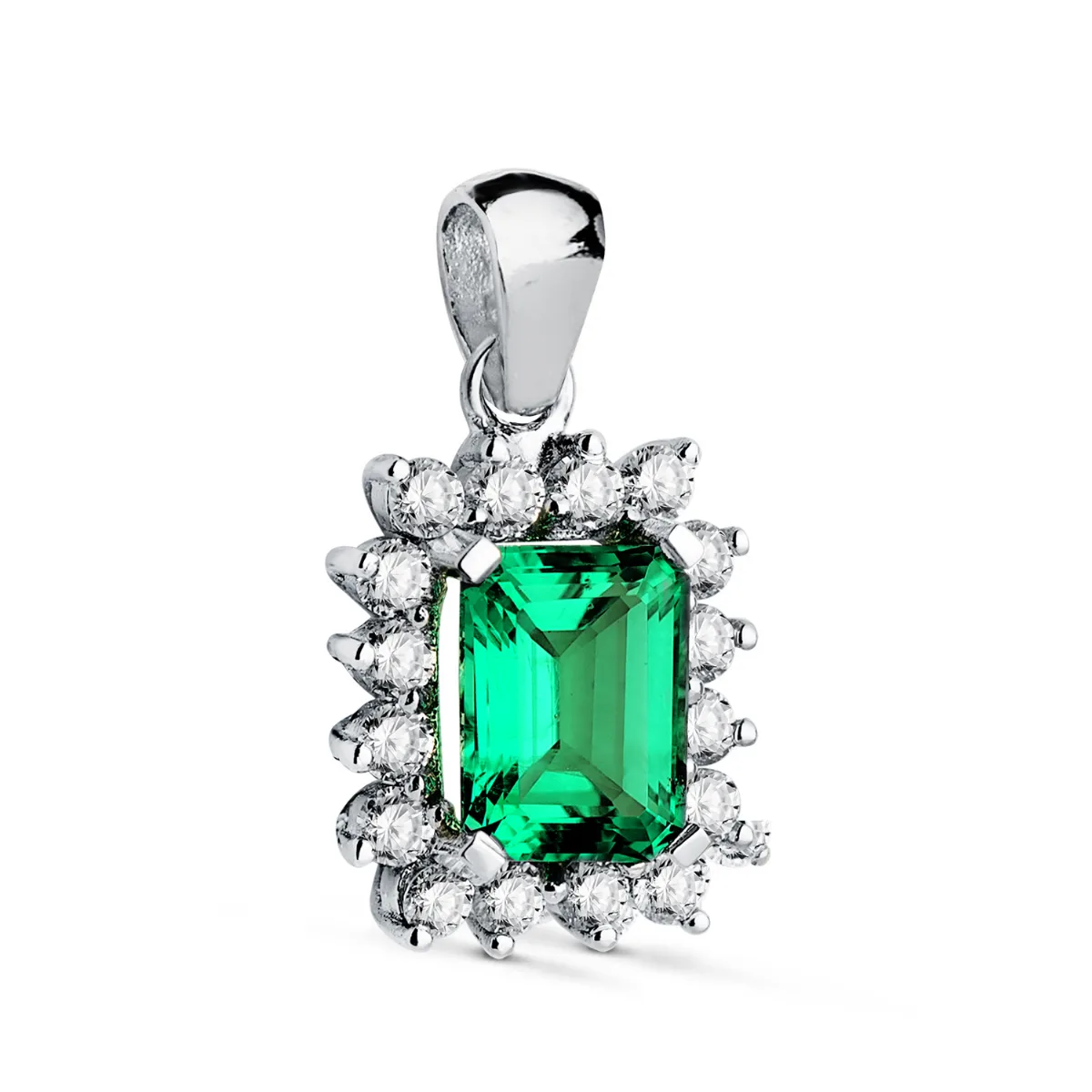 18K COLGANTE ORO BLANCO ESMERALDA RECRISTALIZADA  8X6 MM 1,50 QT. 16 DIAMANTES LABORATORIO 0,56 QTS. VS2-G. 13X11MM