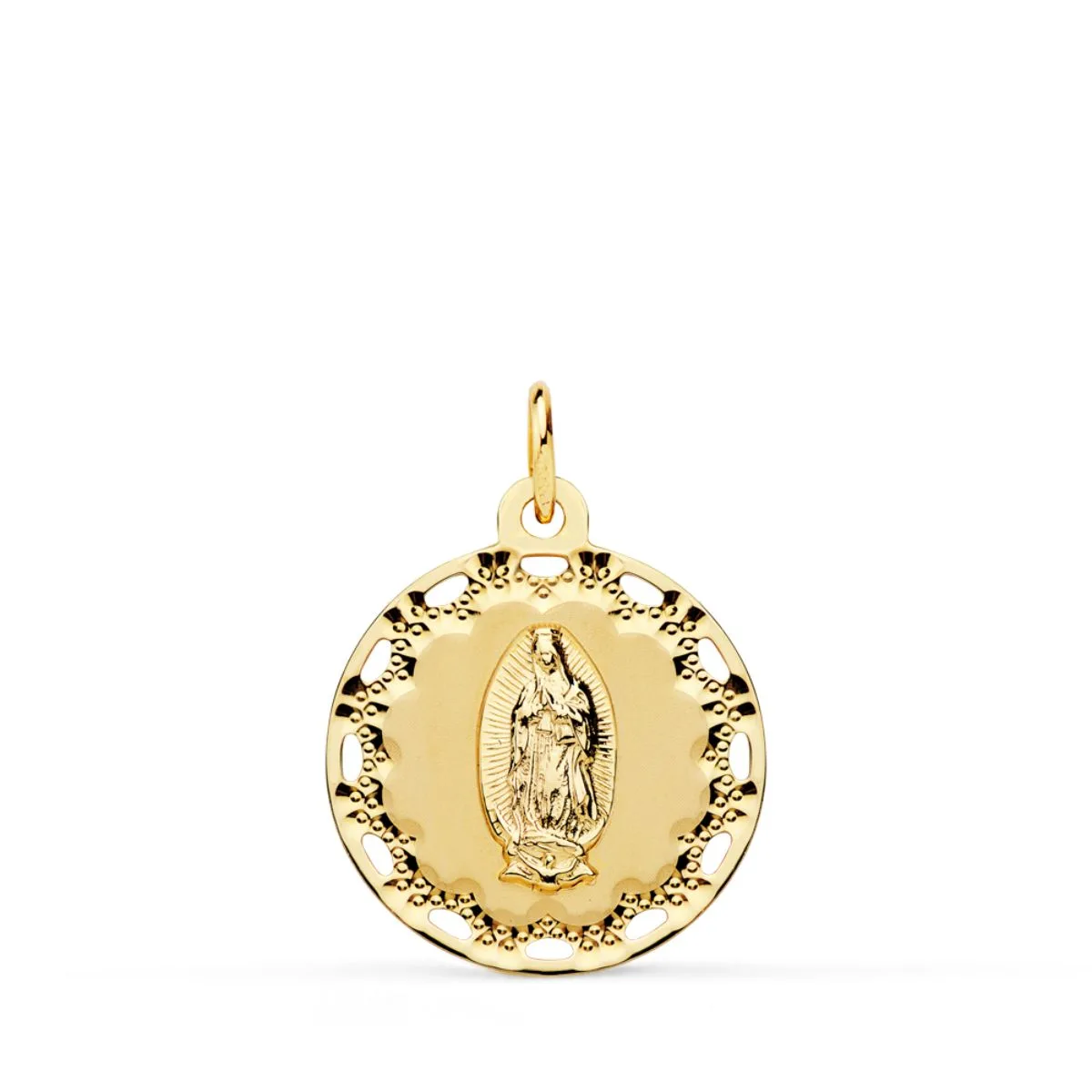 18K MEDALLA ORO AMARILLO VIRGEN DE GUADALUPE CERCO CALADO Y TALLADO 18 MM