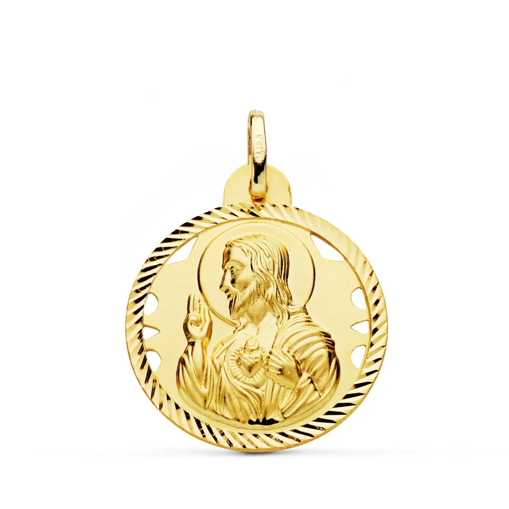 18K MEDALLA ORO AMARILLO CRISTO SAGRADO CORAZON DE JESUS HELICE CALADA 24 MM