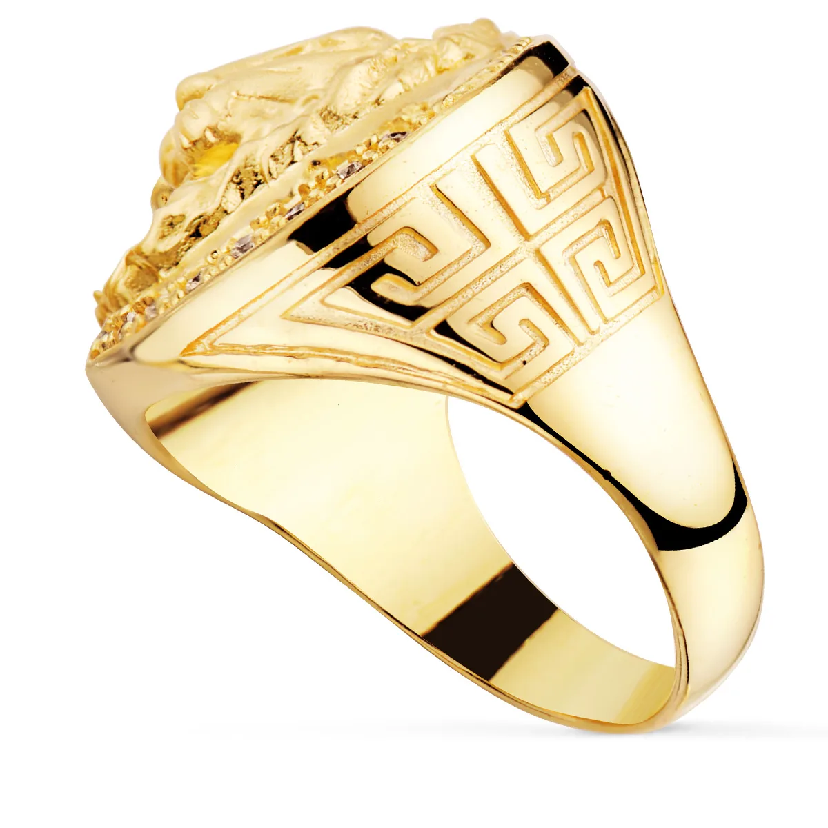 18K SELLO ORO AMARILLO LEON CON CIRCONITA LATERAL GRECA ANCHO 19 MM — vista 2