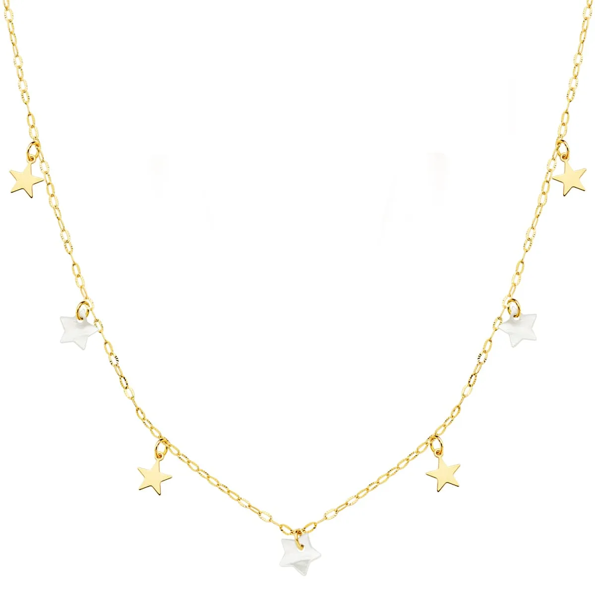 18K GARGANTILLA ORO AMARILLO ESTRELLAS LISAS Y NACAR 5.5 MM CADENA FORZADA 45CM