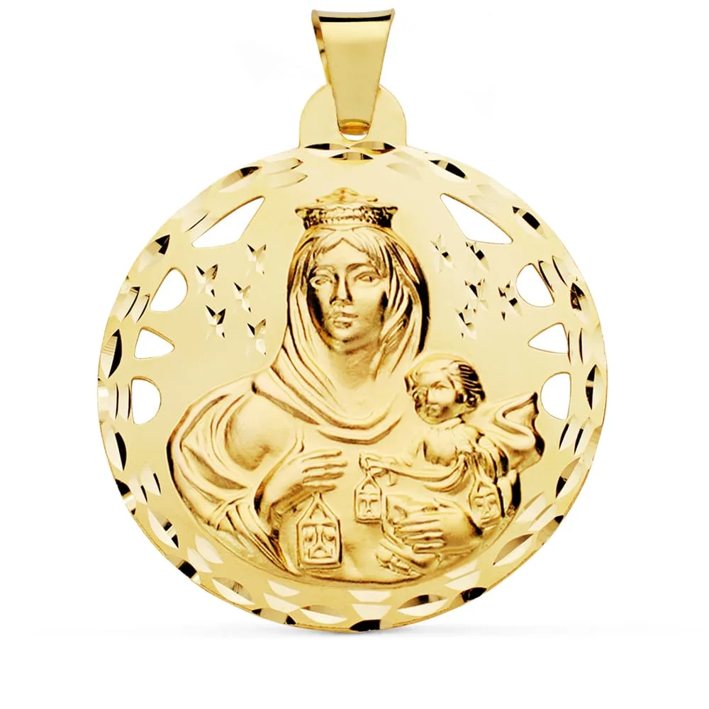 18K ESCAPULARIO ORO AMARILLO CALADO TALLADO ORO AMARILLO VIRGEN CARMEN Y CORAZON DE JESUS 42 MM — vista 3