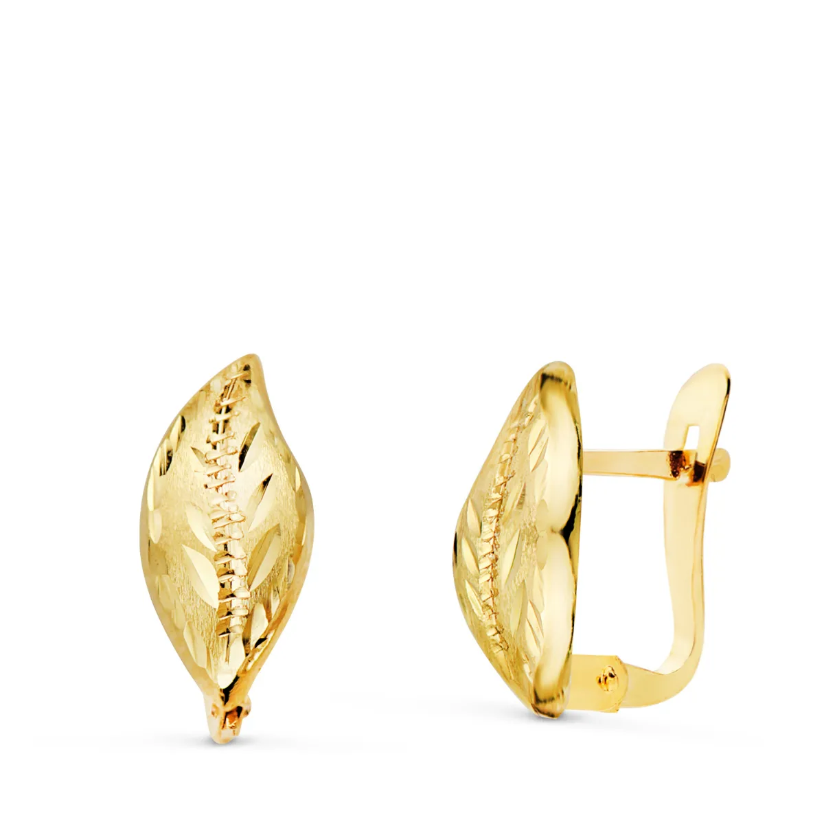 18K PENDIENTES  ORO AMARILLO HOJA LAPIDADOS Y TALLADOS 13 X 6 MM. CIERRE CATALAN