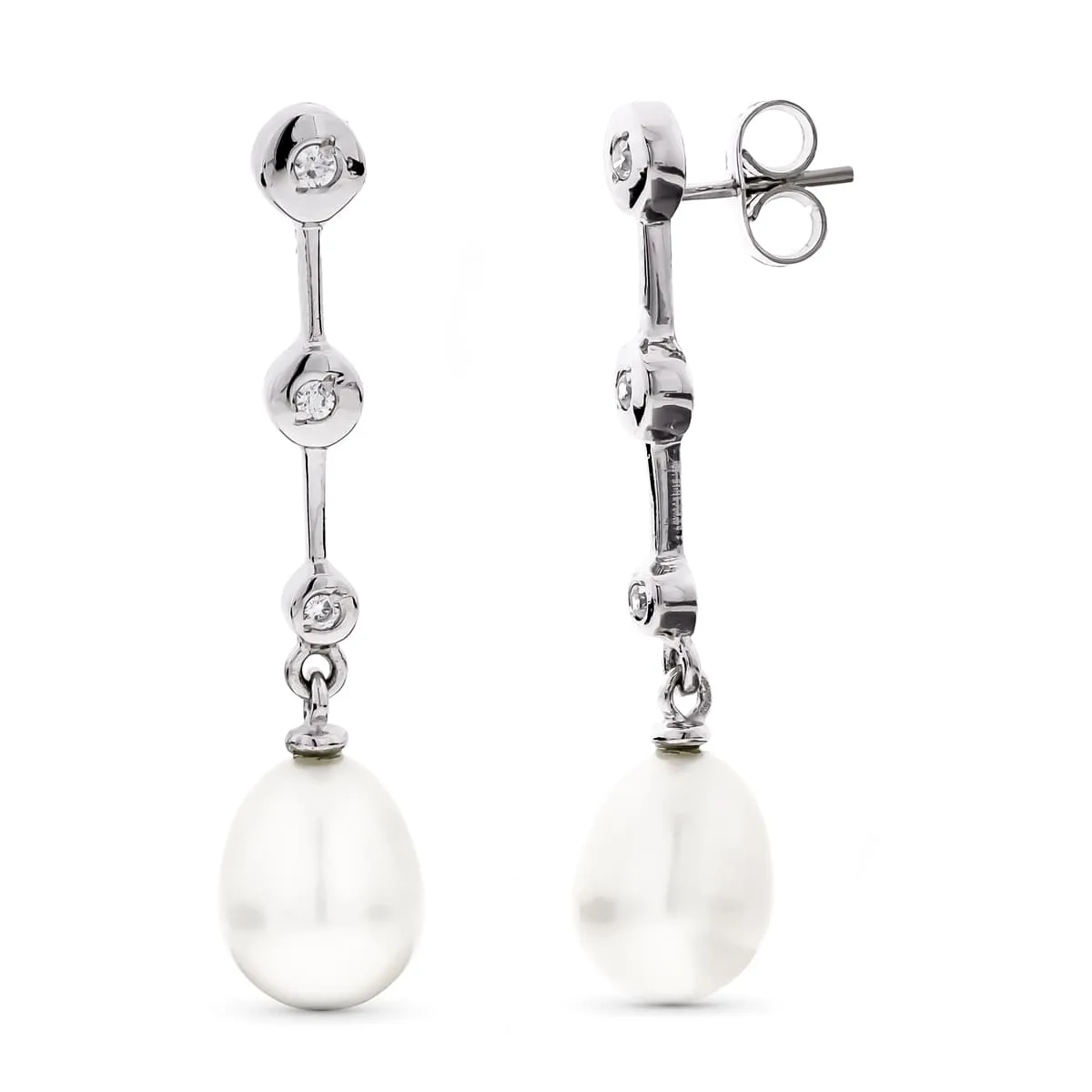 18K PENDIENTES ORO BLANCO LARGOS PERLA Y CIRCONITA CIERRE PRESION
