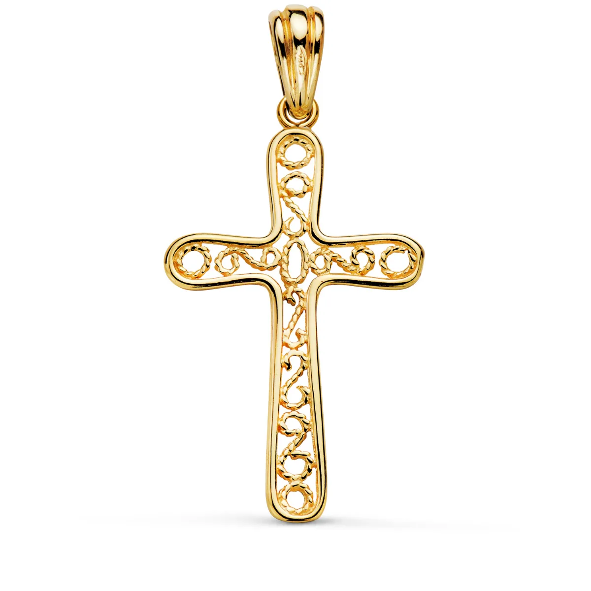 18K CRUZ ORO AMARILLO BORDE BRILLO Y FILIGRANA. MEDIDA: 37,5 X 22 MM