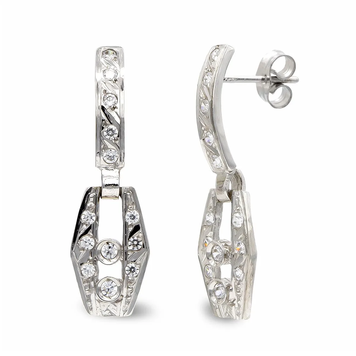 18K PENDIENTES ORO BLANCO LARGOS CIRCONITA 24X7 MM CIERRE PRESION