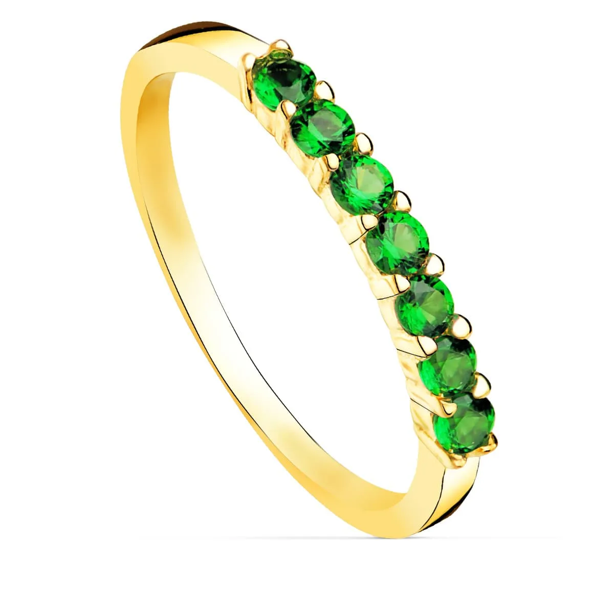 18K SORTIJA ORO AMARILLO 7 CIRCONITA VERDES GARRAS ANCHO CUERPO 2 MM