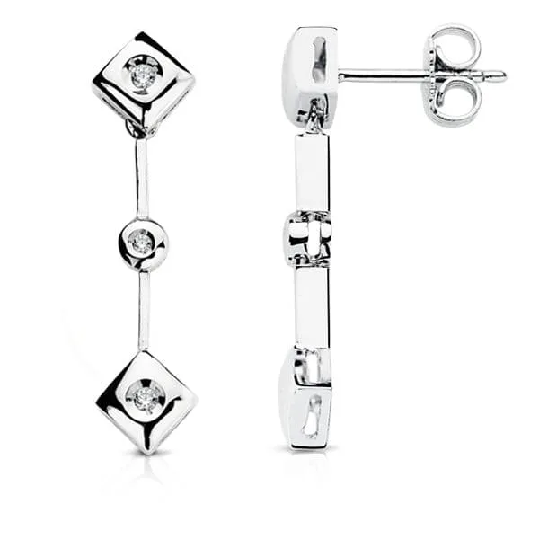 18K PENDIENTES ORO BLANCO DIAMANTES TALLA BRILLANTE 0.10 QTS. 28X7 MM CIERRE PRESION