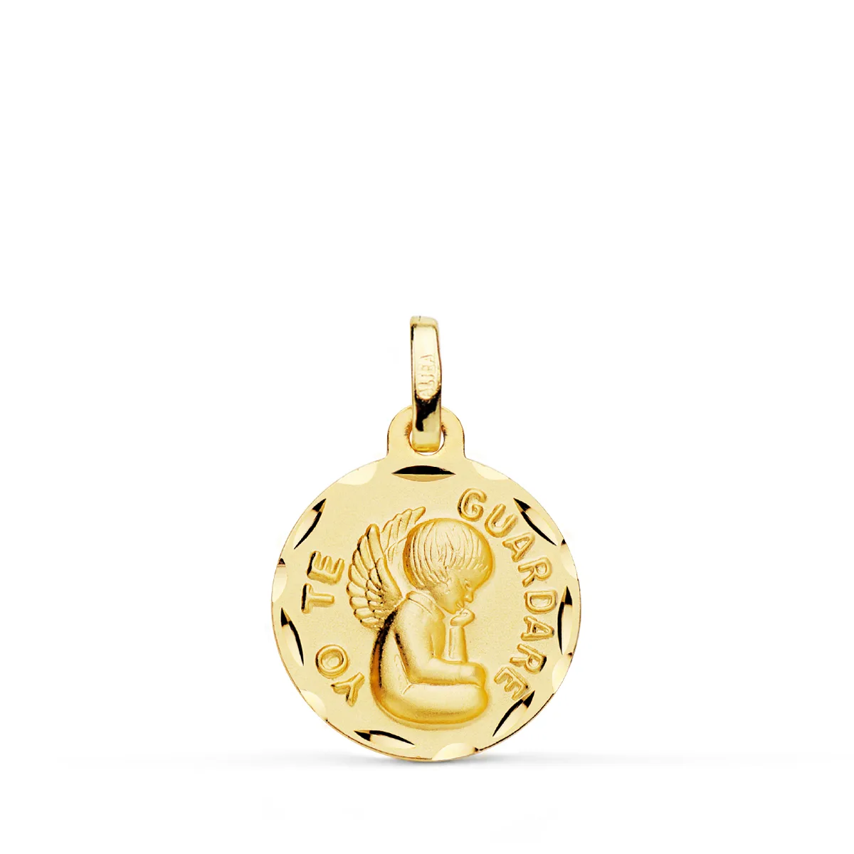9K MEDALLA ORO AMARILLO TALLADA ANGEL " YO TE GUARDARE " 16 MM