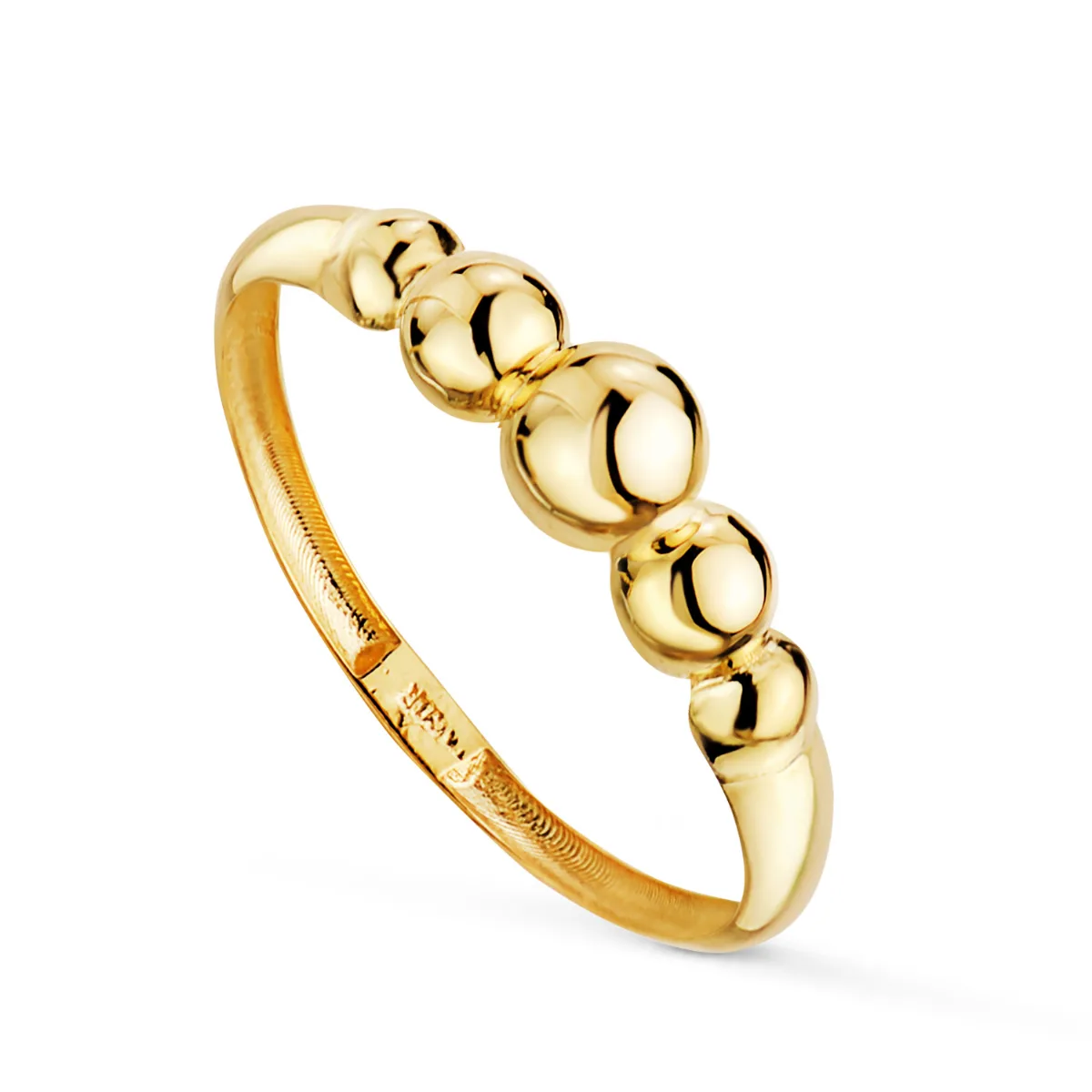 18K SORTIJA ORO AMARILLO CON CINCO BOLAS EN DISMINUCION. ANCHO: 4 MM