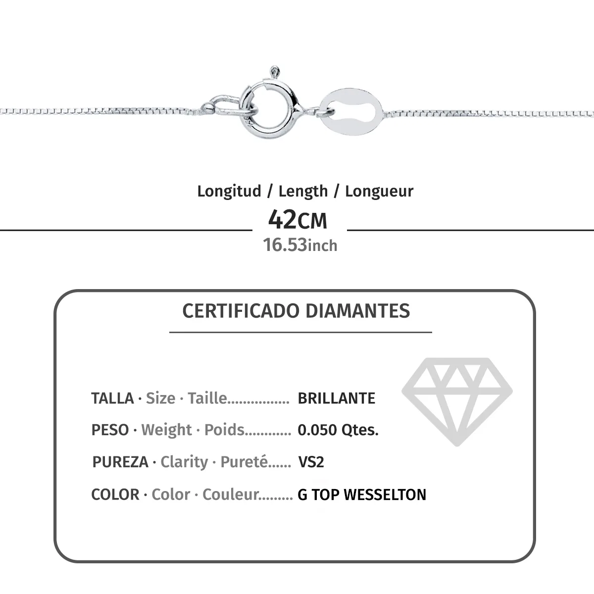 18K GARGANTILLA ORO ROSA CHATON 6MM DIAMANTE LABORATORIO 2,20MM 0,050 QTS. G-VS2 CADENA 42CM — vista 3