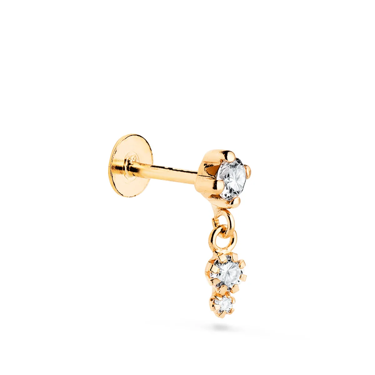 18K PIERCING DE OREJA ORO AMARILLO CON CIRCONITAS. GRUESO BARRA 1.20 MM ANCHO: 4 MM TOTAL PIERCING 12 MM CIERRE TUERCA