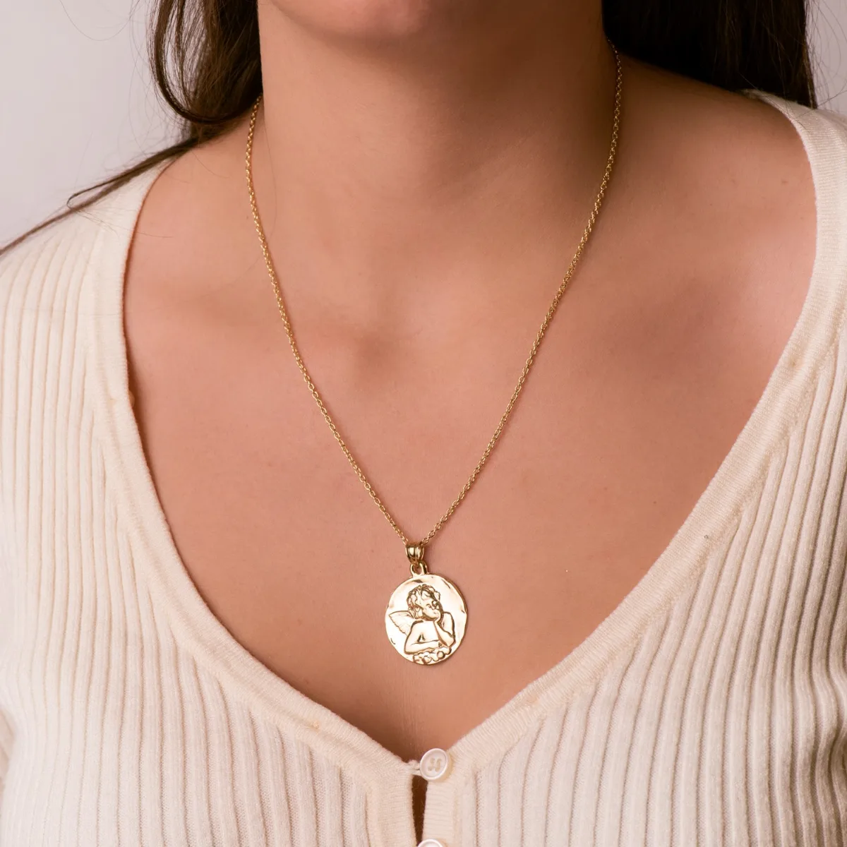 18K MEDALLA ORO AMARILLO ANGEL BURLON BRILLO 28 MM — vista 2