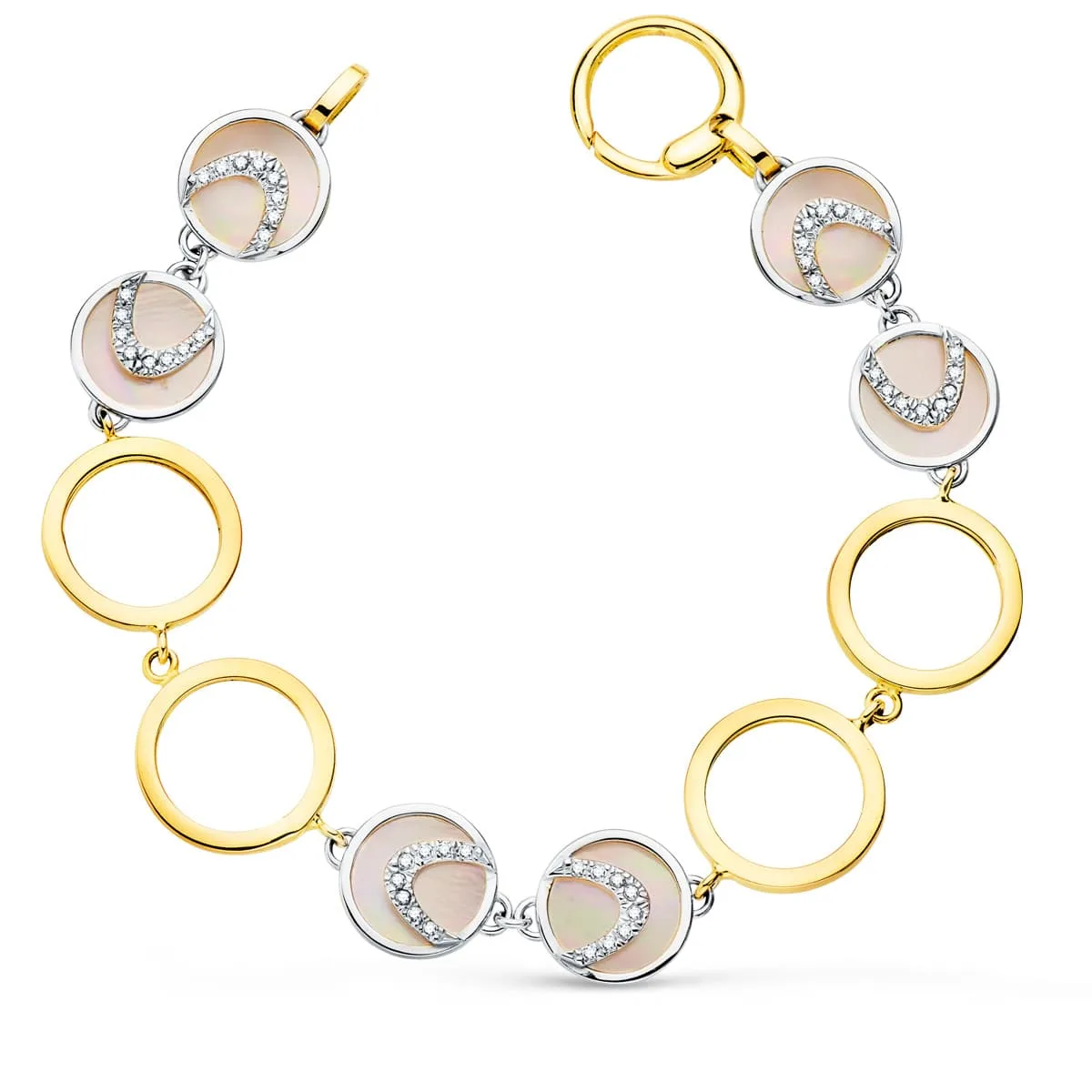18K PULSERA ORO BICOLOR CIRCULOS CALADOS 16 MM Y NACAR ROSA 20CM