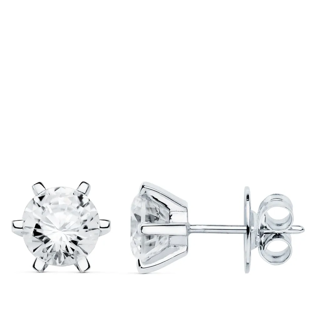 18K PENDIENTES ORO BLANCO 6 GARRAS CIRCONITA 8X8 CIERRE PRESION