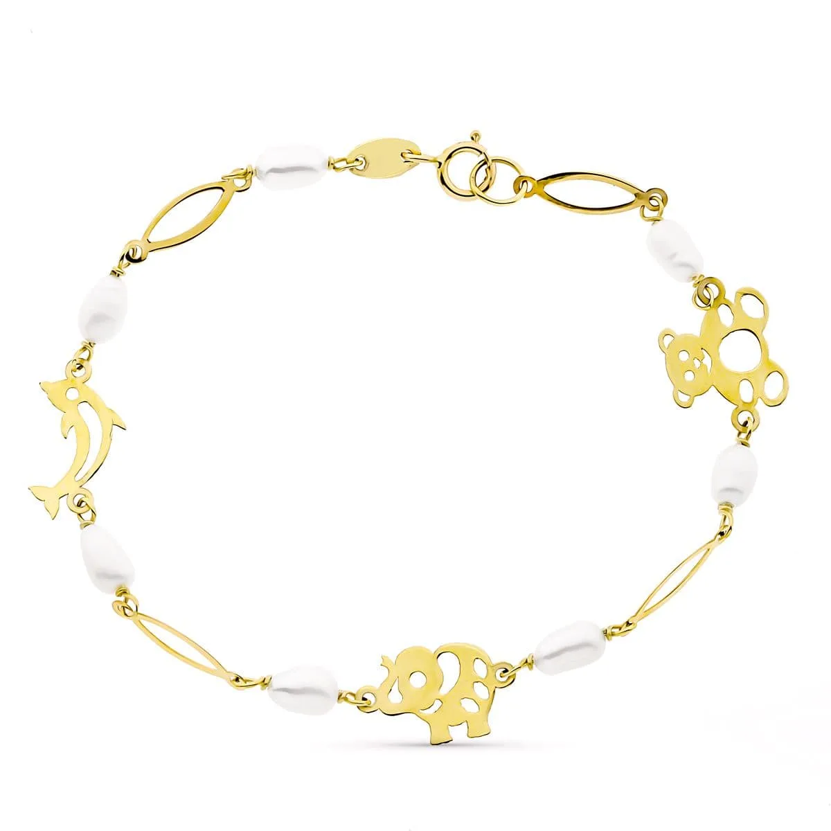 18K PULSERA ORO AMARILLO 17CM FETICHES Y PERLA CULTIVADAS 5 MM