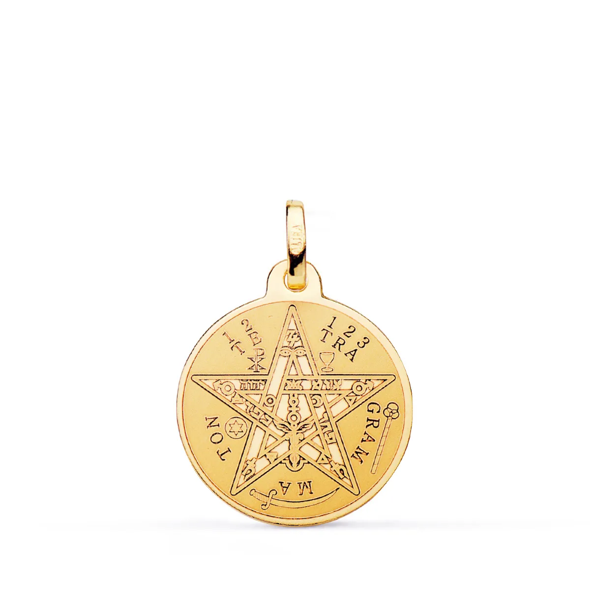 18K COLGANTE AMULETO DISCO ORO AMARILLO MATIZADOY BRILLO TETRAGRAMATON 18 MM