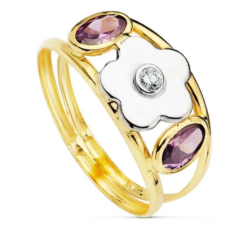 18K SORTIJA ORO BICOLOR FLOR CON CIRCONITA Y CIRCONITA AMATISTAS OVALES ANCHO: 9 MM