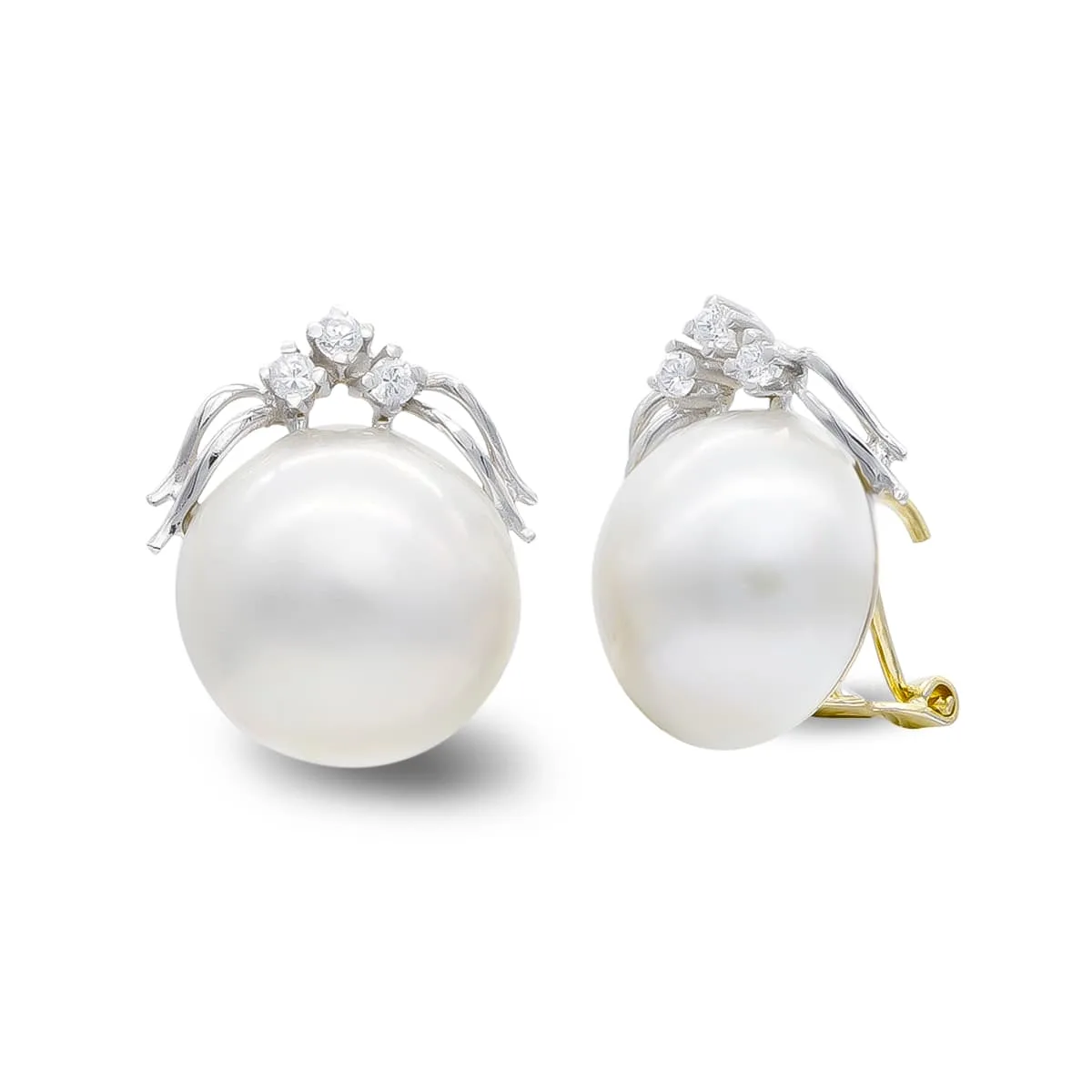 18K PENDIENTES ORO BICOLOR PERLA JAPONESA 14-16 MM Y CIRCONITA CIERRE OMEGA