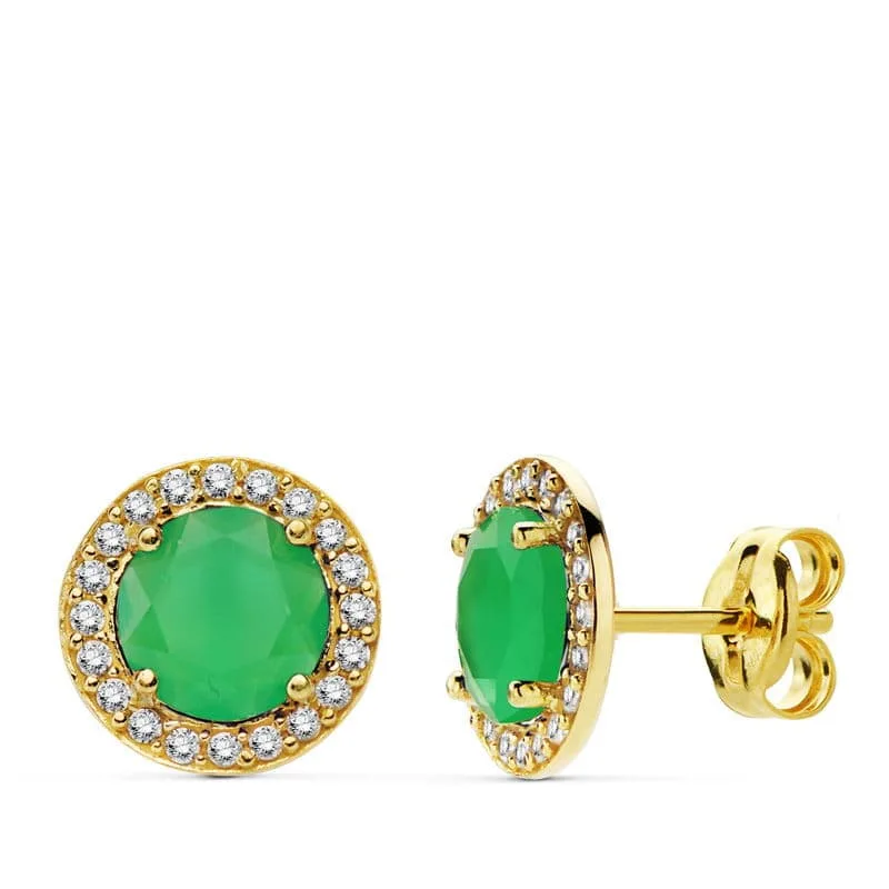 18K PENDIENTES ORO AMARILLO PIEDRA VERDE CIRCONITA 9 MM CIERRE PRESION