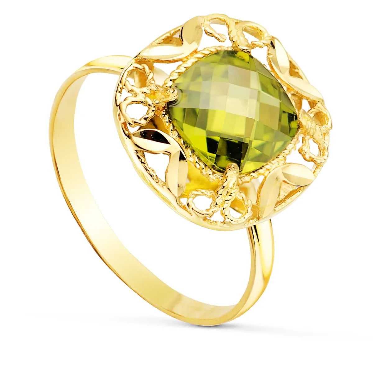 18K SORTIJA ORO AMARILLO CIRCONITA VERDE OLIVA EN CERCO TALLADO. MEDIDA: 14X14 MM