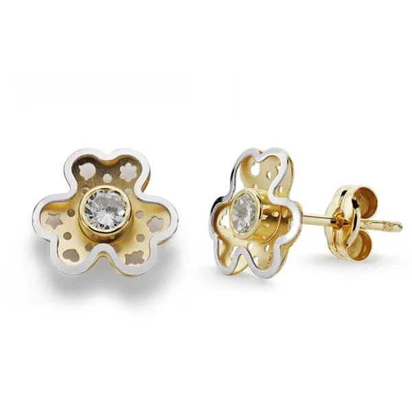 18K PENDIENTES ORO BICOLOR TREBOL CIRCONITA 9X8 MM CIERRE PRESION