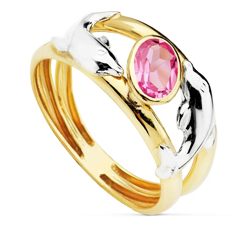 9K SORTIJA ORO BICOLOR DOBLE CUERPO CON DELFINES Y CIRCONITA ROSA OVAL. ANCHO: 10 MM