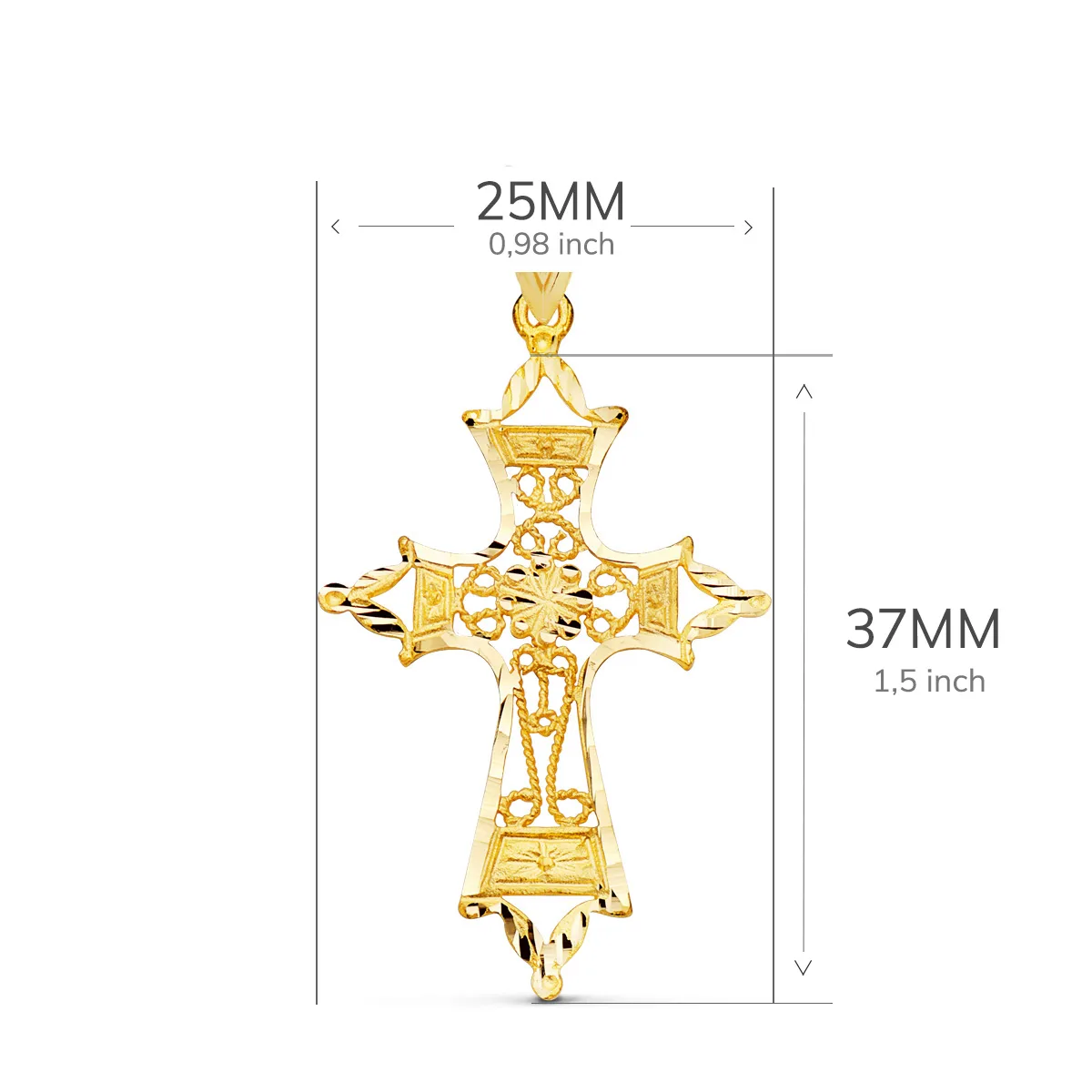 18K CRUZ ORO AMARILLO FILIGRANA BORDES TALLADOS. 37X25 MM — vista 2