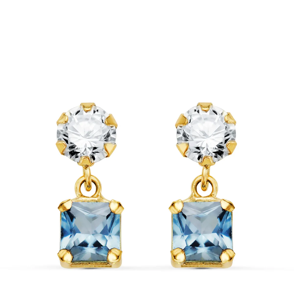 18K PENDIENTES ORO AMARILLO DOS CUERPOS CON CIRCONITA Y AGUA MARINA CUADRADA 14 X 5MM. CIERRE PRESION