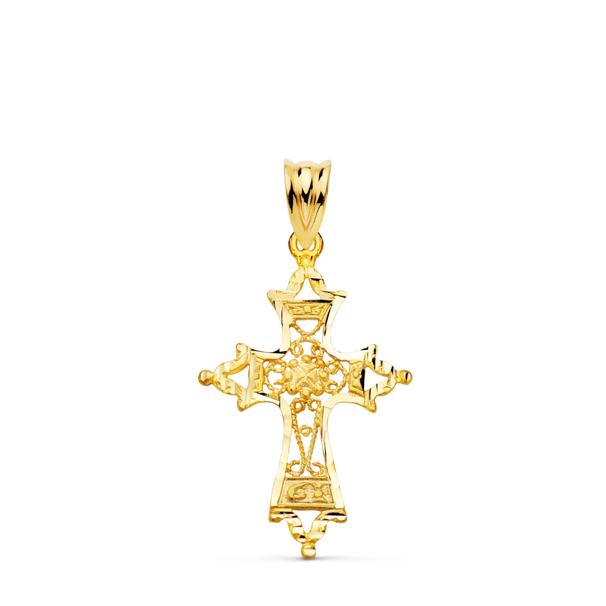18K CRUZ ORO AMARILLO FILIGRANA BORDES TALLADOS. 30X20 MM