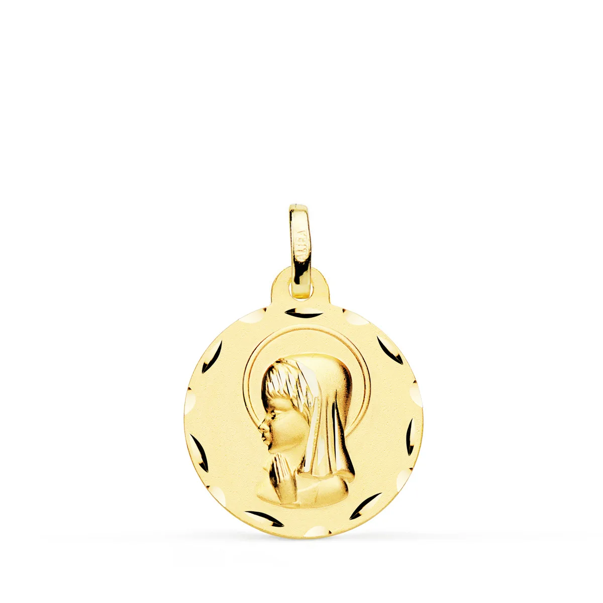 9K MEDALLA ORO AMARILLO VIRGEN NIÑA TALLADA 18 MM