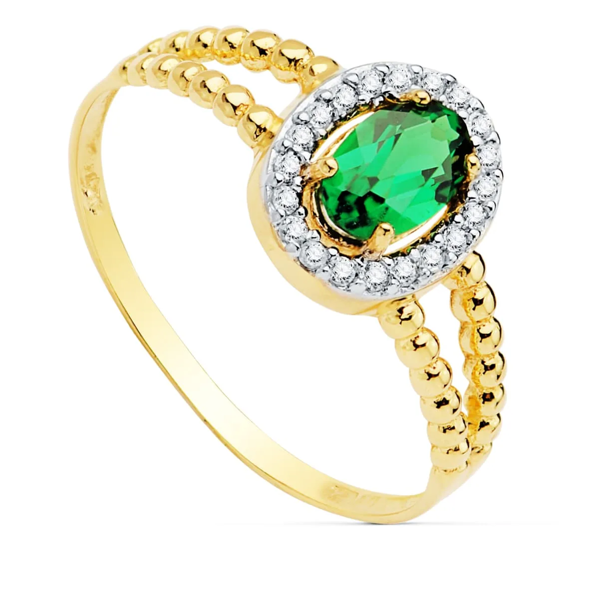 18K SORTIJA ORO BICOLOR ESMERALDA RECRISTALIZADA 6 X 4MM CON CIRCONITAS. ANCHO: 9,5 MM
