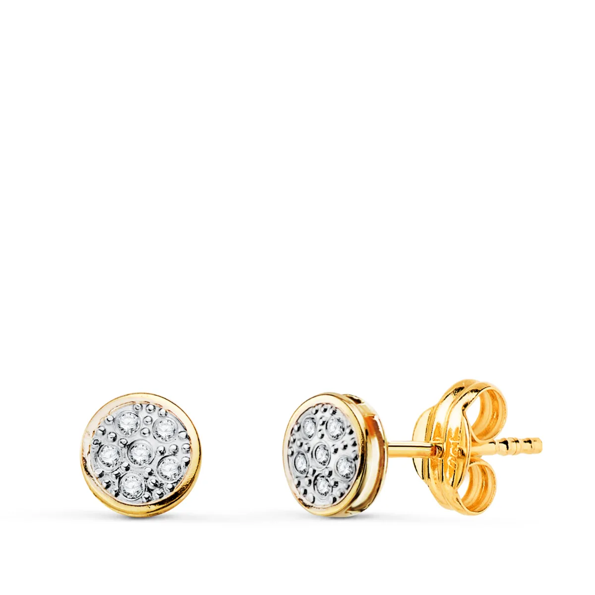 18K PENDIENTES ORO BICOLOR REDONDOS CON CIRCONITAS: MEDIDA: 5X5MM. CIERRE PRESION