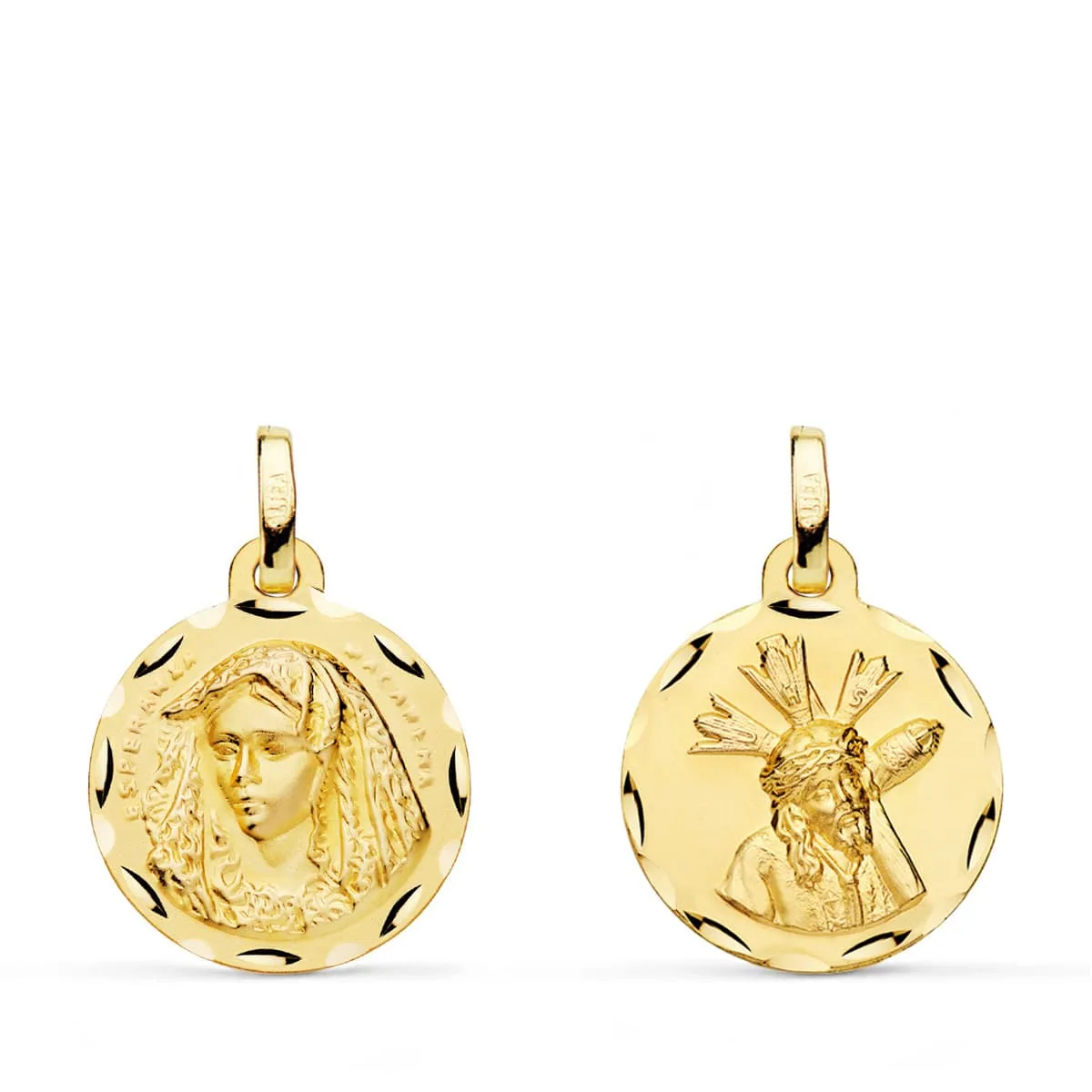 18K ESCAPULARIO ORO AMARILLO VIRGEN MACARENA Y GRAN PODER TALLADA 16 MM