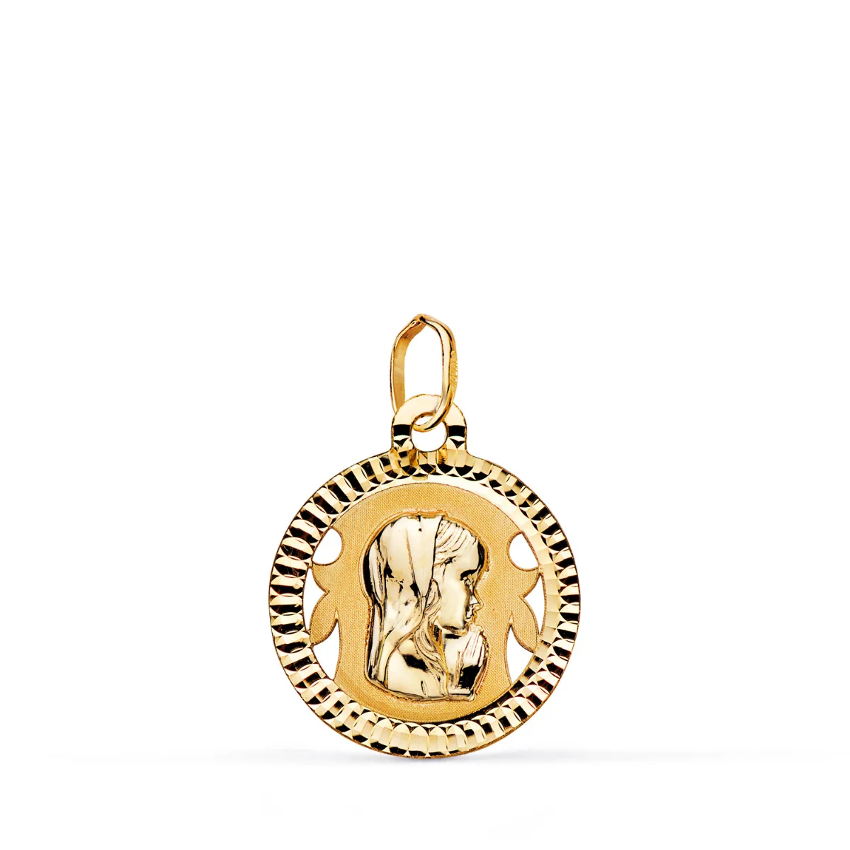18K MEDALLA ORO AMARILLO VIRGEN NIÑA REDONDA TALLADA MATE Y BRILLO. MEDIDA: 16 MM
