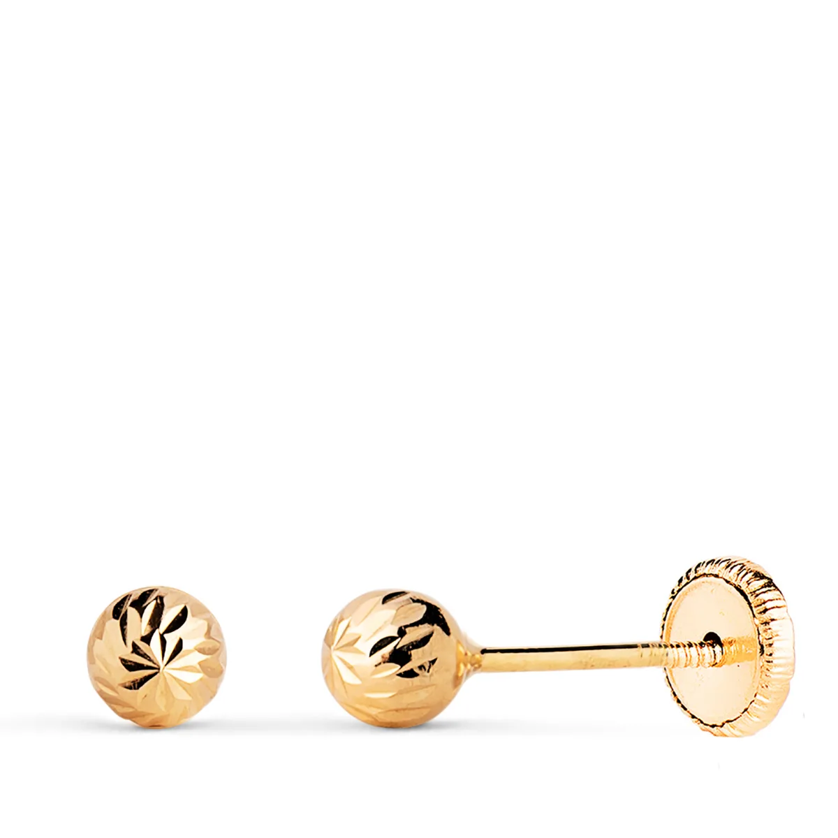 18K PENDIENTES ORO AMARILLO BOLA TALLADA HUECA. ANCHO: 4 MM. CIERRE TUERCA
