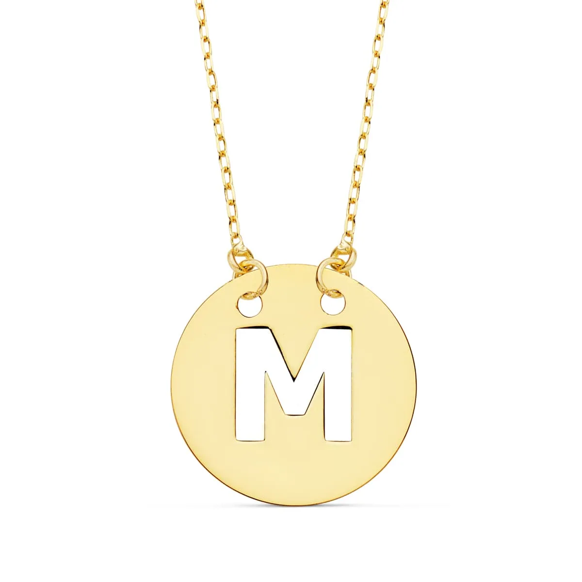 18K COLGANTE ORO AMARILO LETRA " M " 15 MM CADENA FORZADA 42CM