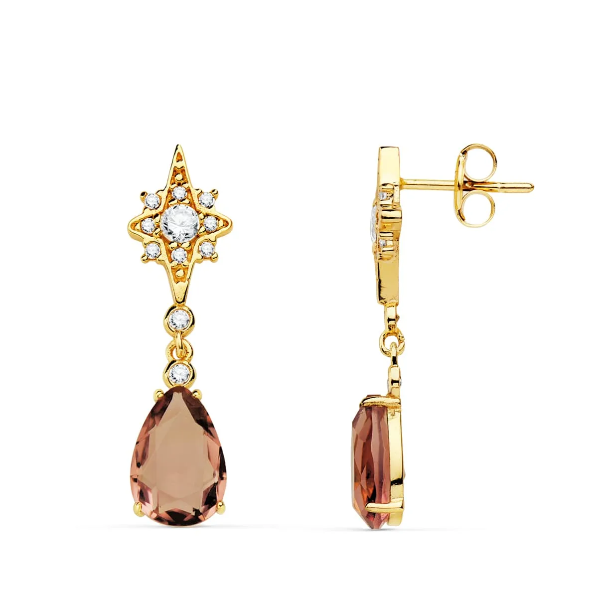 18K PENDIENTES ORO AMARILLO ESTRELLAS PIEDRA PERA COLOR ALEJANDRITA 29X7 MM CIERRE PRESION