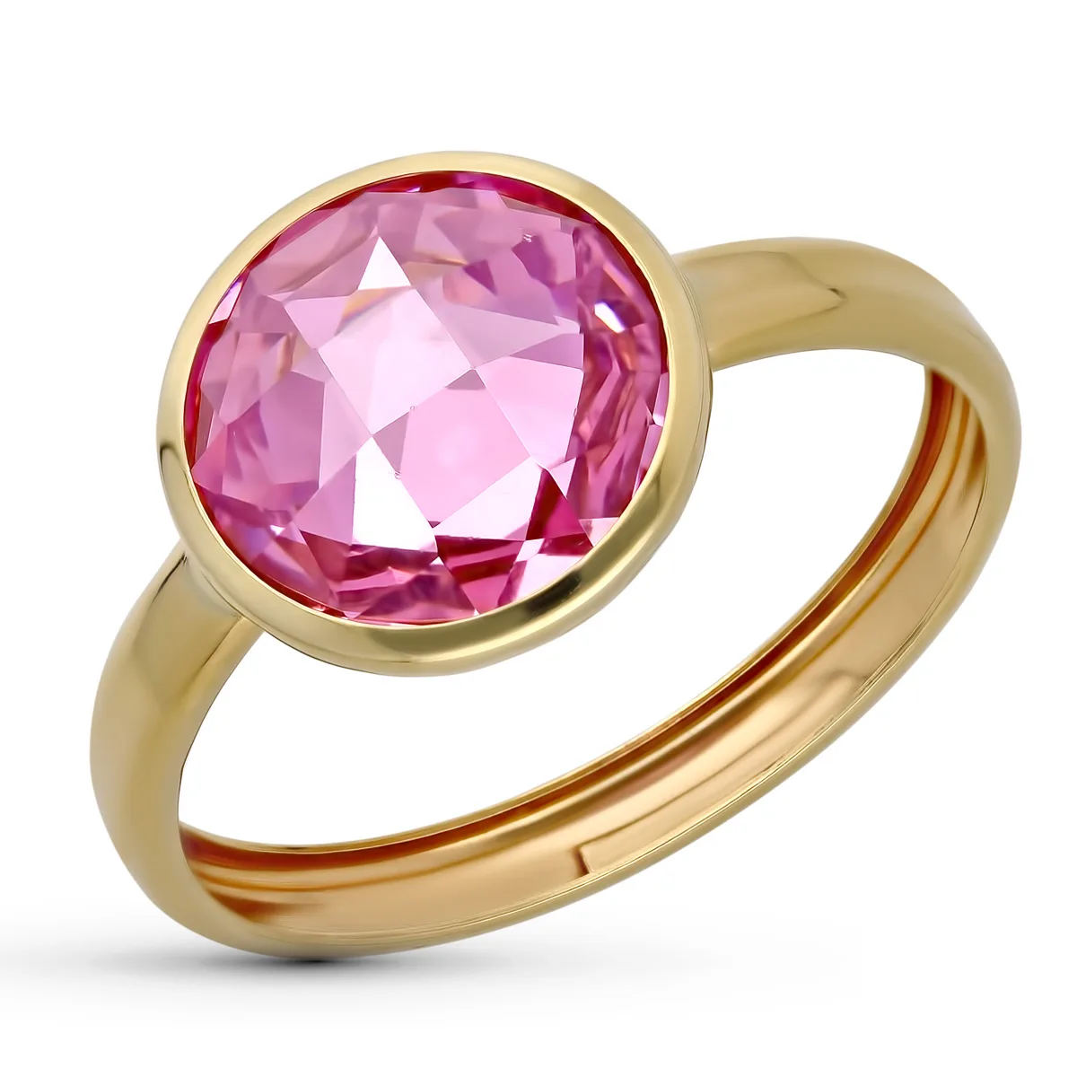 9K SORTIJA ORO AMARILLO CON CIRCONITA ROSA EN BOCEL. ANCHO: 12 MM
