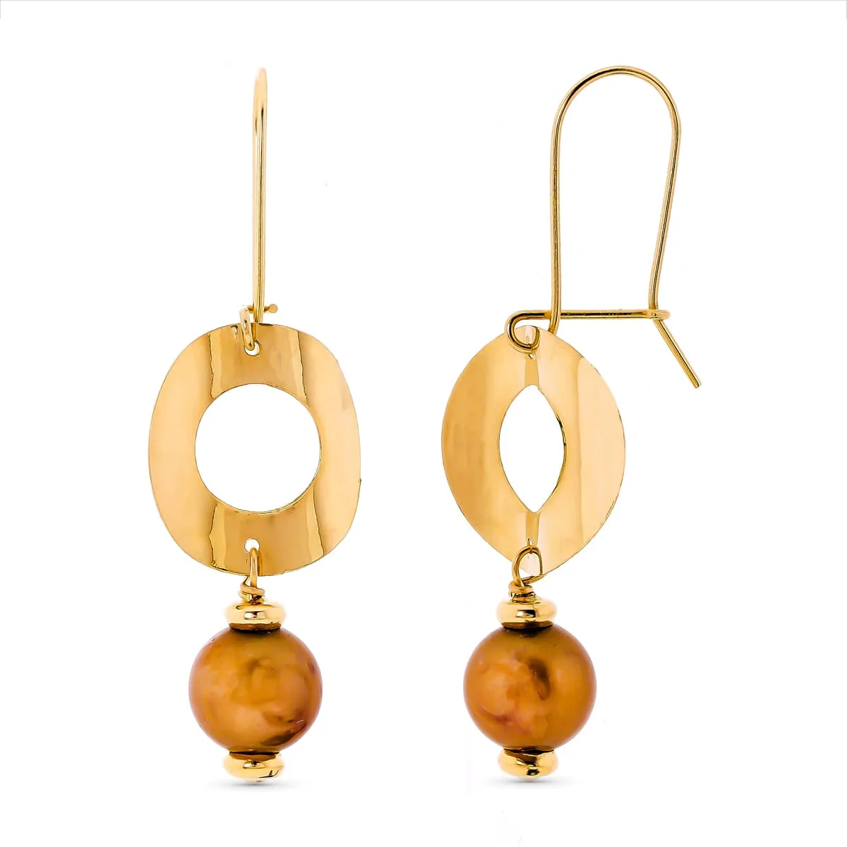 18K PENDIENTES LARGOS ORO AMARILLO REDONDOS PERLA COLOR 44X15 MM CIERRE GANCHO