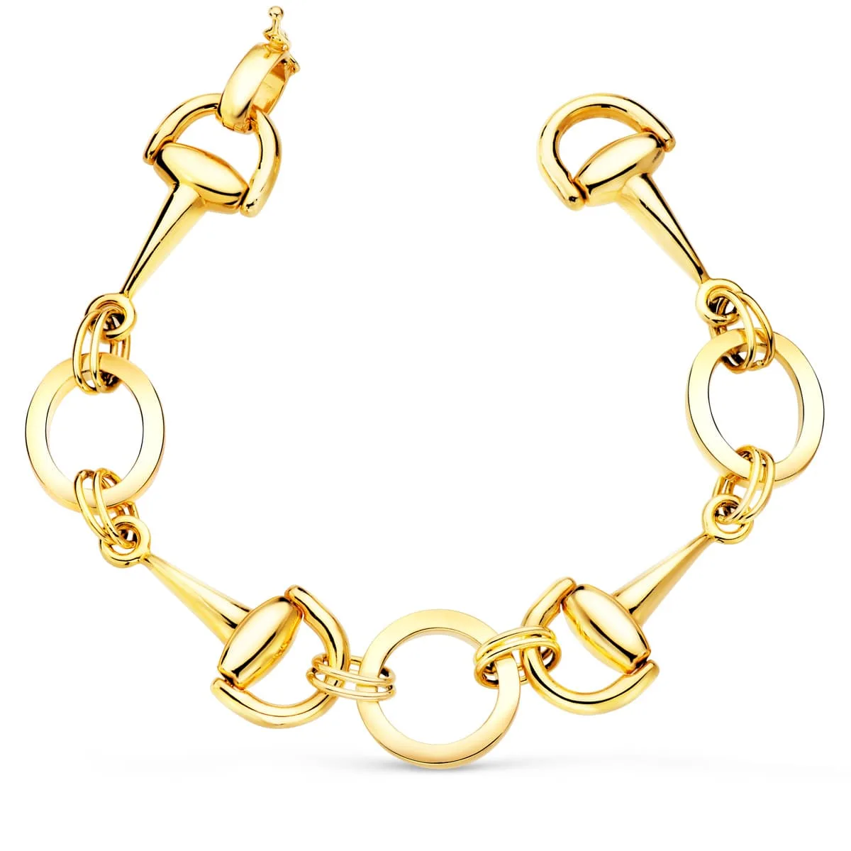 18K PULSERA ORO AMARILLO ARTICULADA CON ESTRIBOS Y CIRCULOS EN BRILLO 20CM