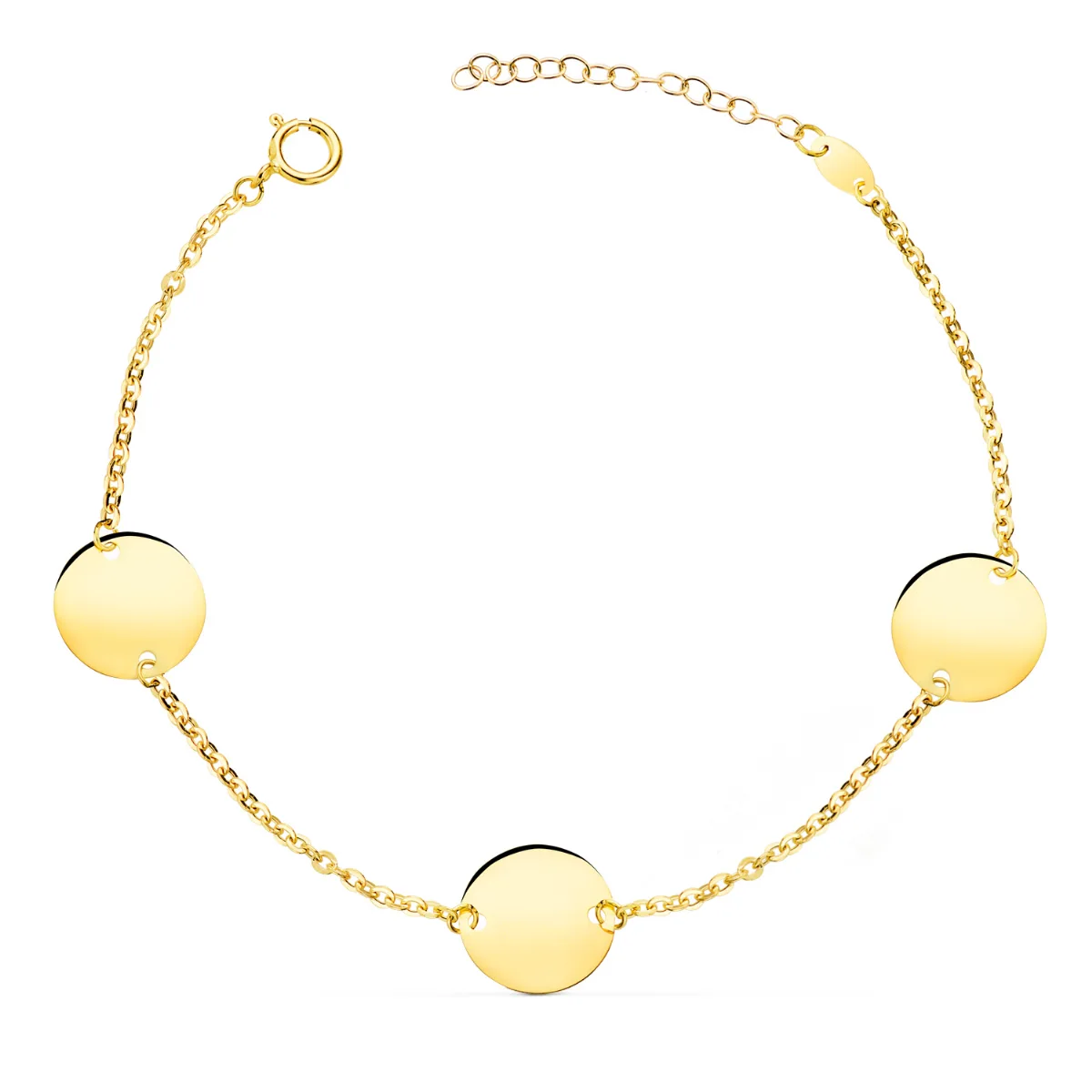 18K PULSERA ORO AMARILLO 3 DISCOS EN BRILLO REDONDOS DE 12 MM. LARGO: 18   3 CM