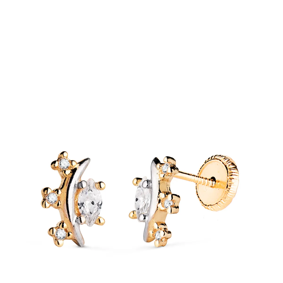 18K PENDIENTES ORO BICOLOR LUNA CON CIRCONITAS. MEDIDA: 9 X 5 MM. CIERRE PRESION
