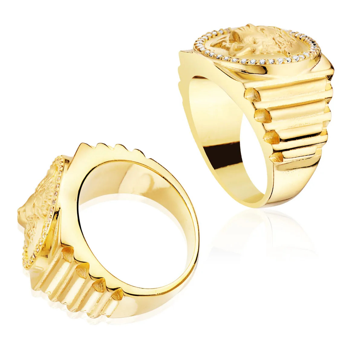 18K SELLO ORO AMARILLO MEDUSA CON CIRCONITA LATERAL ESCALONADO ANCHO 19 MM — vista 2