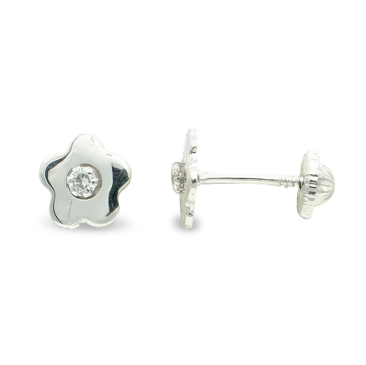 9K PENDIENTES ORO BLANCO FLOR 7 MM CIRCONITA TUERCA CIERRE TUERCA
