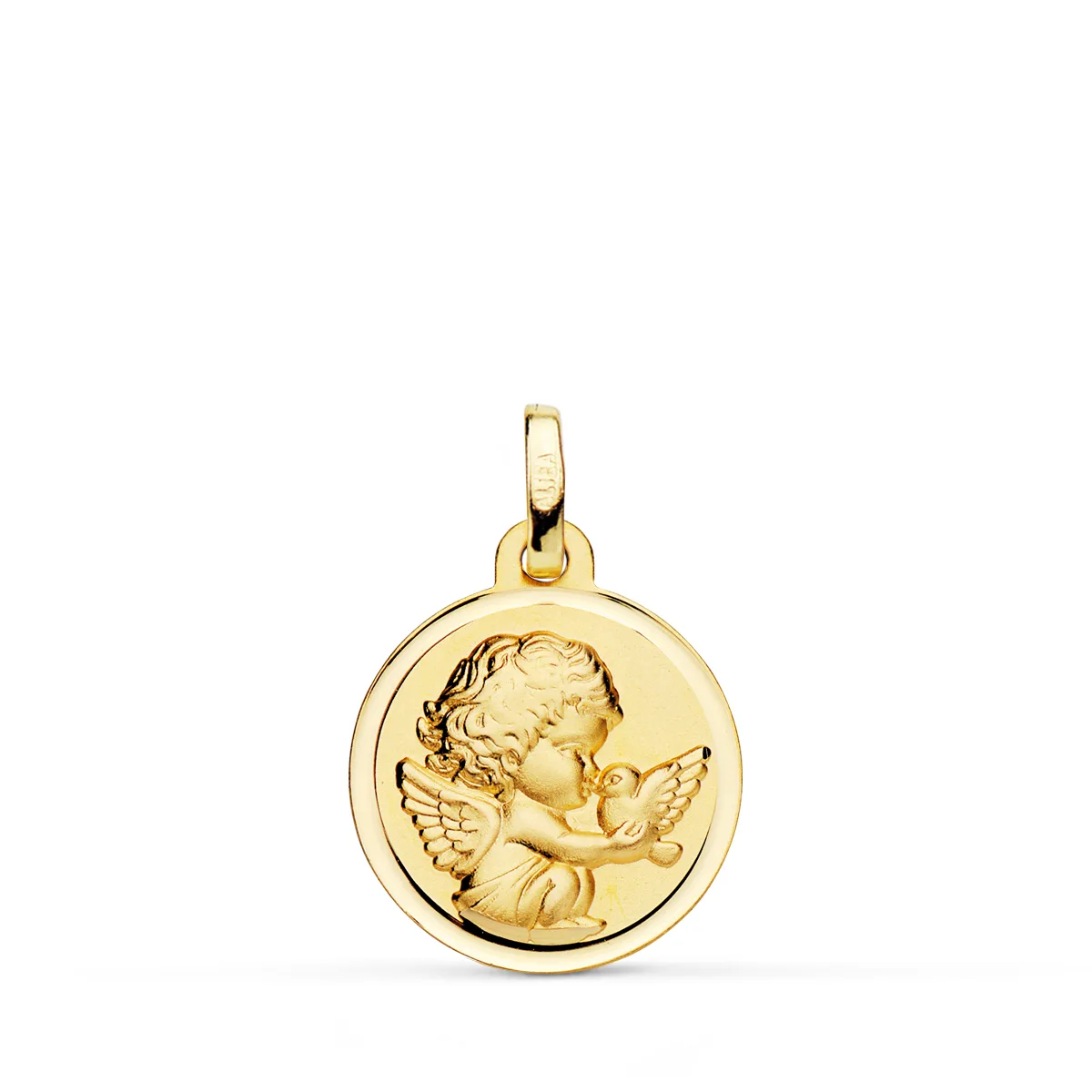 9K MEDALLA ORO AMARILLO ANGEL NIÑO BURLON CON PAJARO BISEL 16 MM